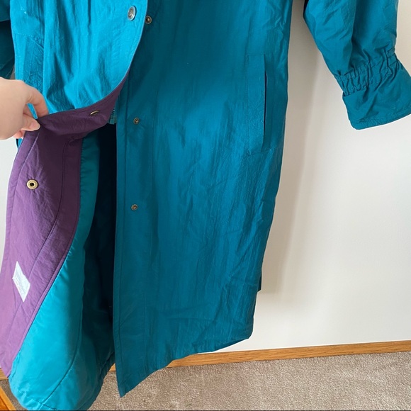 Vintage Long Trench Winter Jacket Teal and Purple with waist tie and zipper - Picture 11 of 15